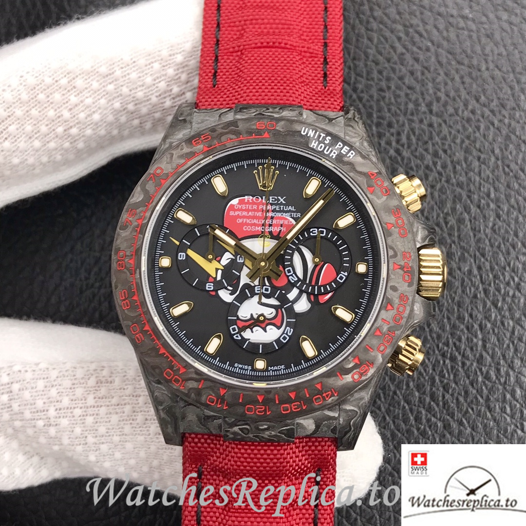 Swiss Rolex Daytona Replica Red Canvas strap 40MM Black Dial - WatchesReplica.is