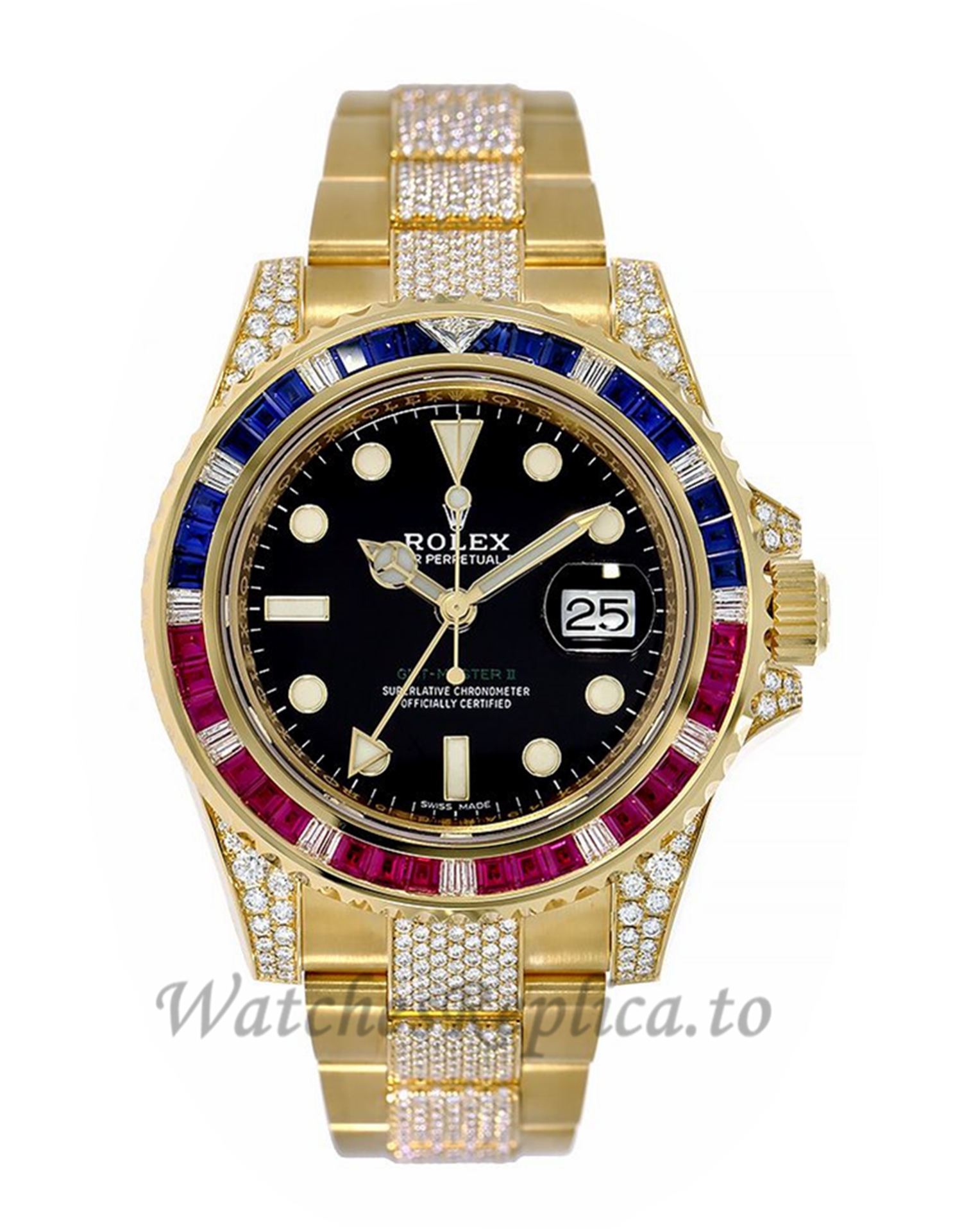 Rolex Replica GMT-Master IIPepsi Yellow Gold Diamond Bracelet 40MM Watch 116758SARU - WatchesReplica.is