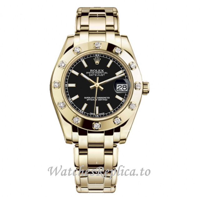 Replica Rolex Pearlmaster m81318-0028 34MM Yellow Gold strap Ladies Watch - WatchesReplica.is