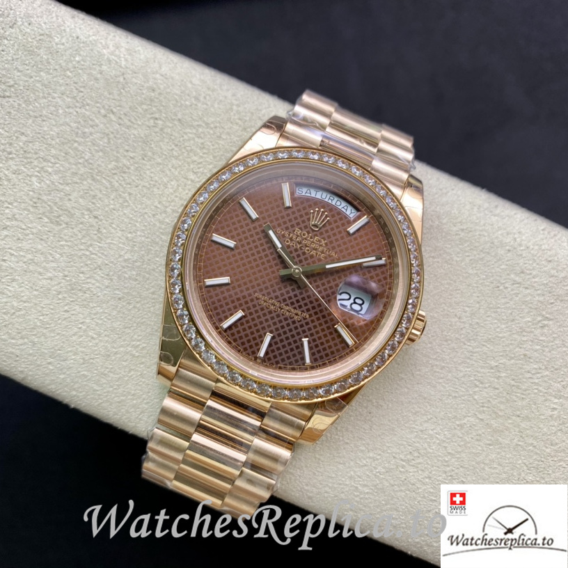 Swiss Rolex Day Date Replica Rose Gold strap 40MM Brown Dial Sticks Marks - WatchesReplica.is