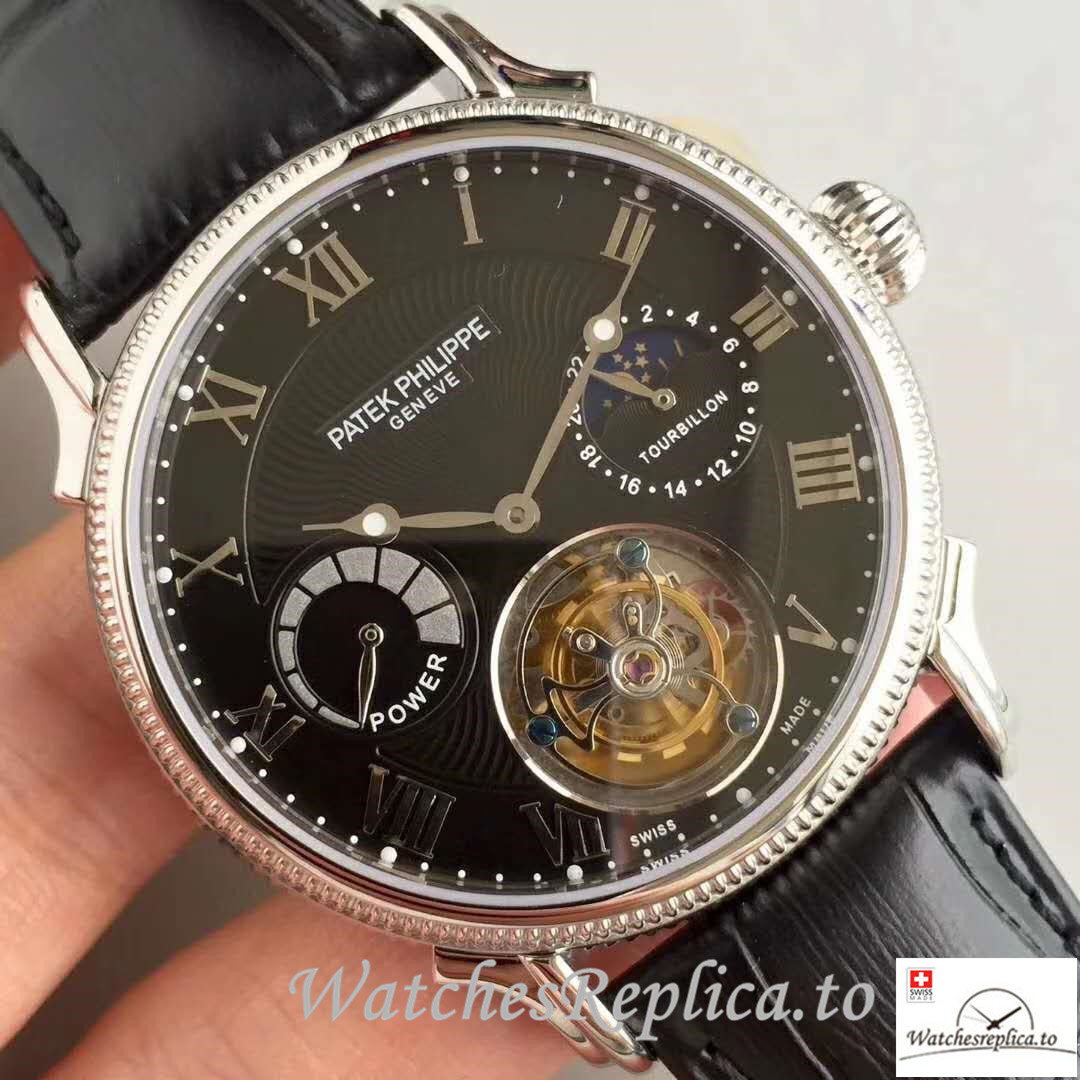 Swiss Patek Philippe Tourbillon Moonphase Replica Black Strap 42MM - WatchesReplica.is