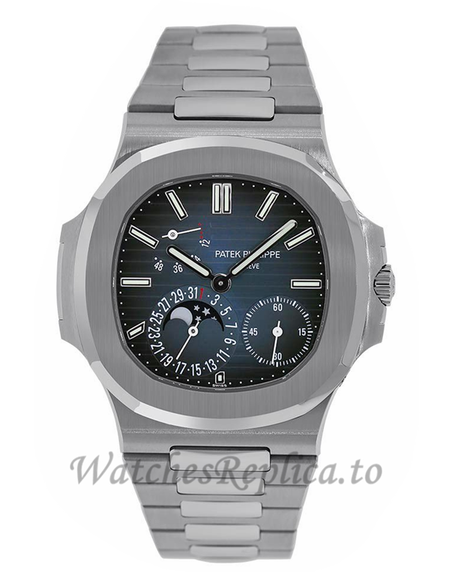Patek Philippe Replica Nautilus Stainless-Steel Moon Phase Date 40MM Watch 57121A001 - WatchesReplica.is