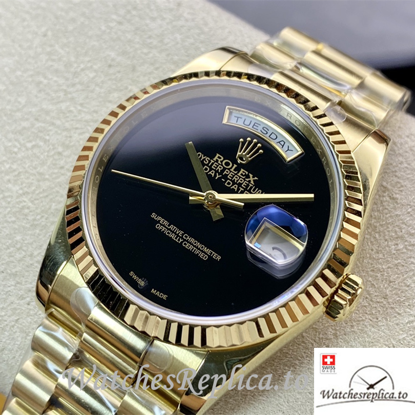 Swiss Rolex Day Date Replica Yellow Gold strap 36MM Black Dial - WatchesReplica.is