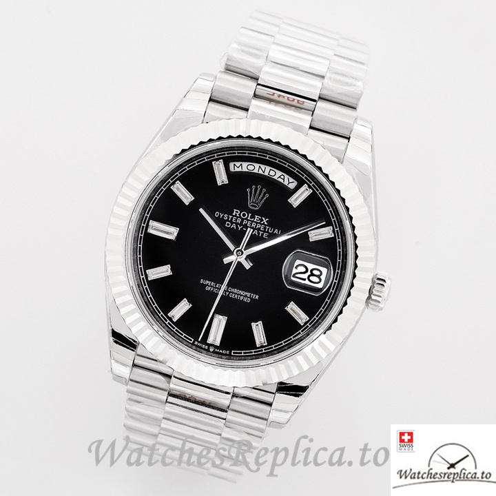 Swiss Rolex Day Date Replica Stainless steel strap 40MM Black Dial Diamonds Marks - WatchesReplica.is