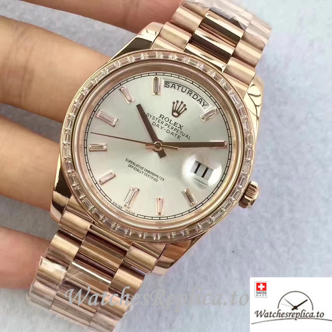 Swiss Rolex Day-Date Replica 228345 Rose Gold strap 40MM - WatchesReplica.is