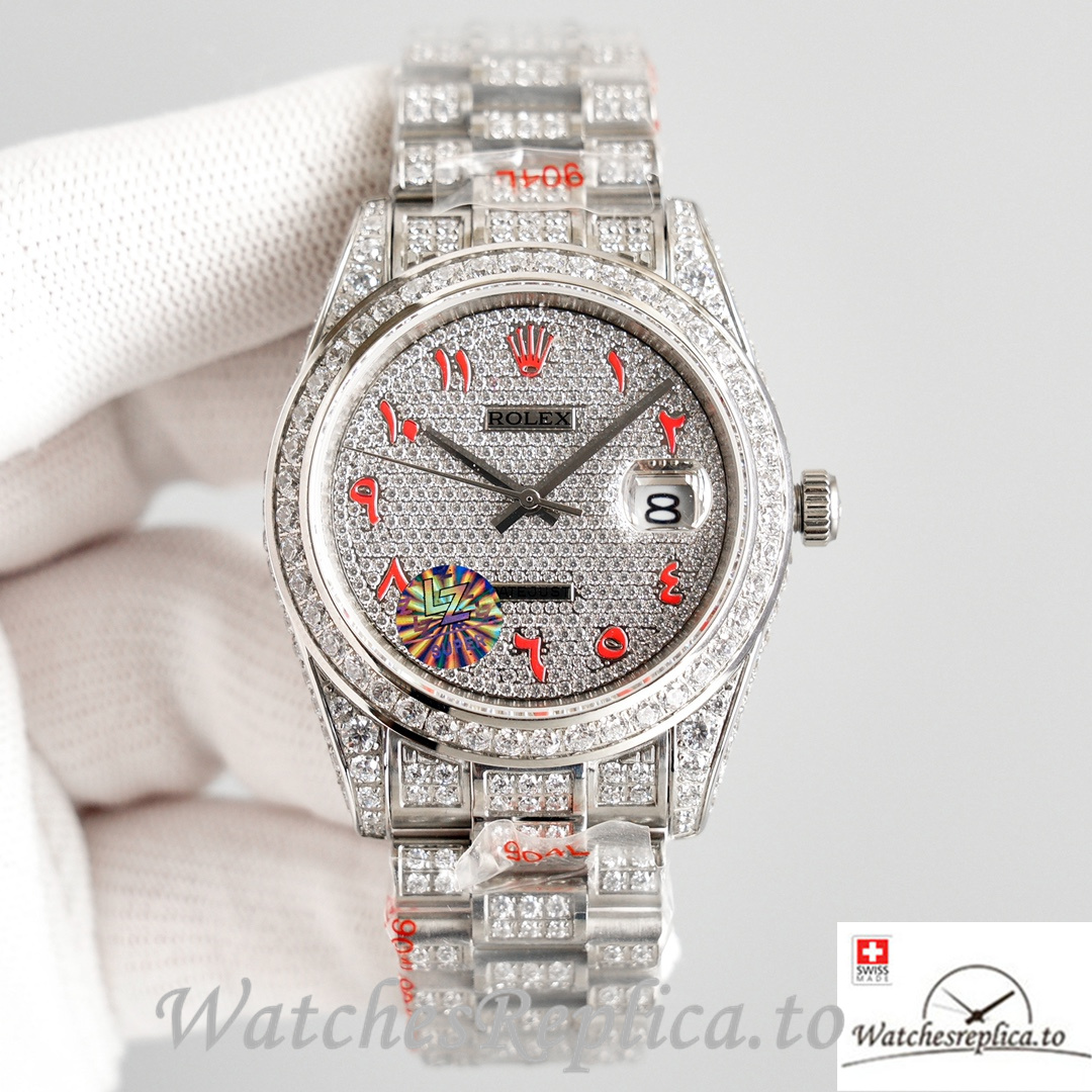 Swiss Rolex Datejust Red Roman Markers Full Diamond Dial 41MM Replica Watch - WatchesReplica.is