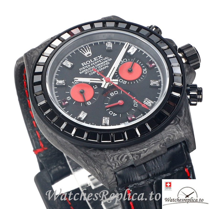 Swiss Rolex Daytona Replica Black Leather strap 40MM Black Dial - WatchesReplica.is