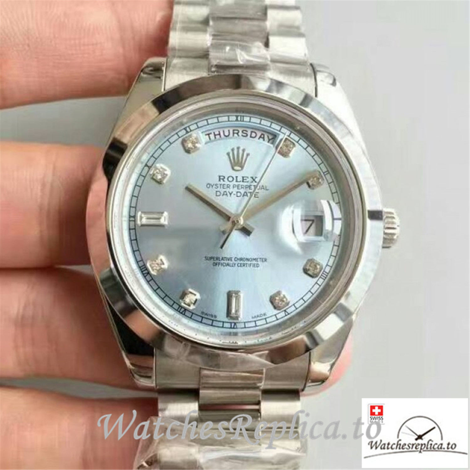Swiss Rolex Day Date Replica 218206 001 Stainless Steel Bezel 41MM - WatchesReplica.is