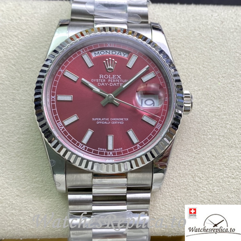 Swiss Rolex Day Date Replica Stainless steel strap 36MM Red Dial - WatchesReplica.is