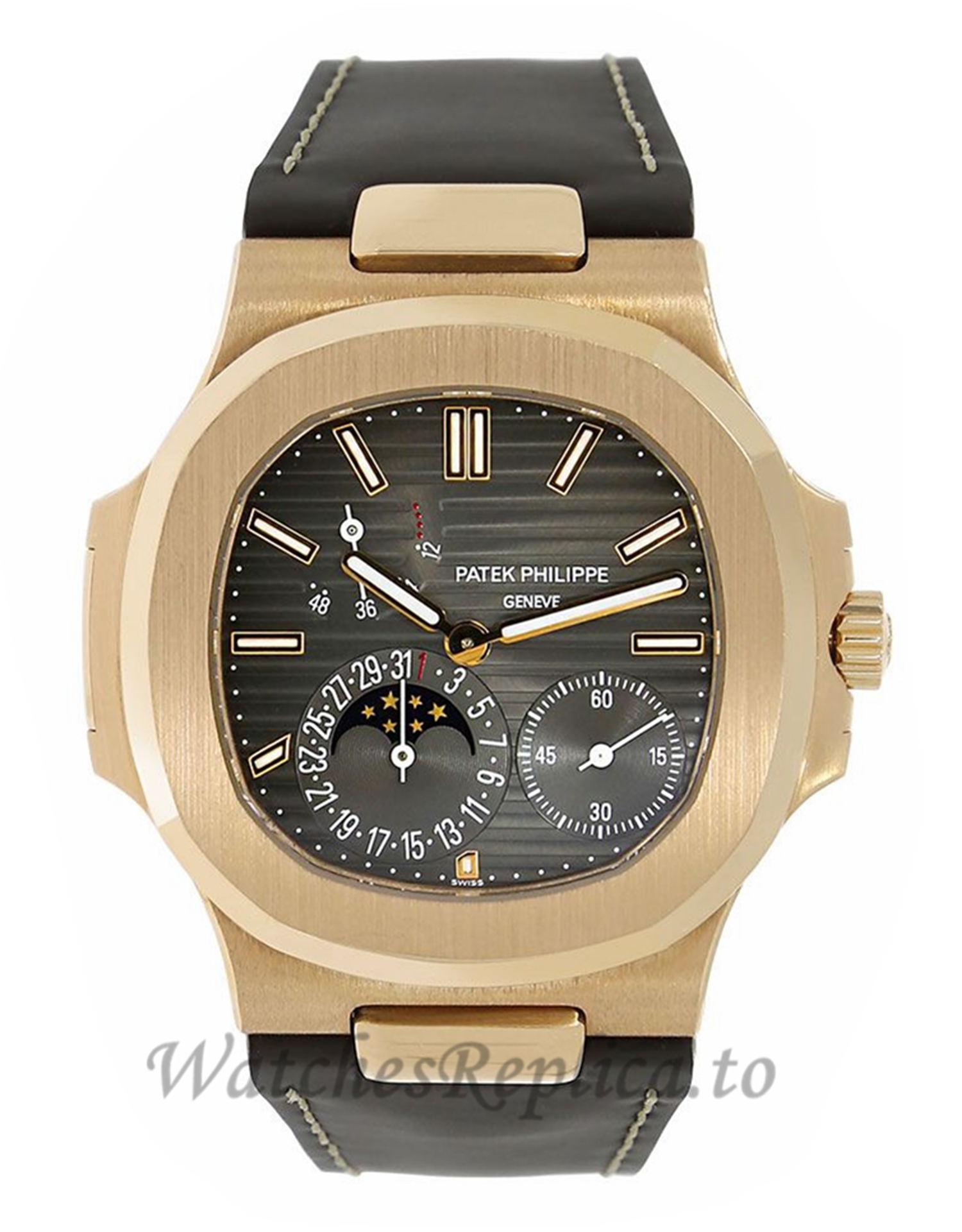 Patek Philippe Replica Nautilus Rose Gold Moon Phases Brown 40MM Watch 5712R001 - WatchesReplica.is