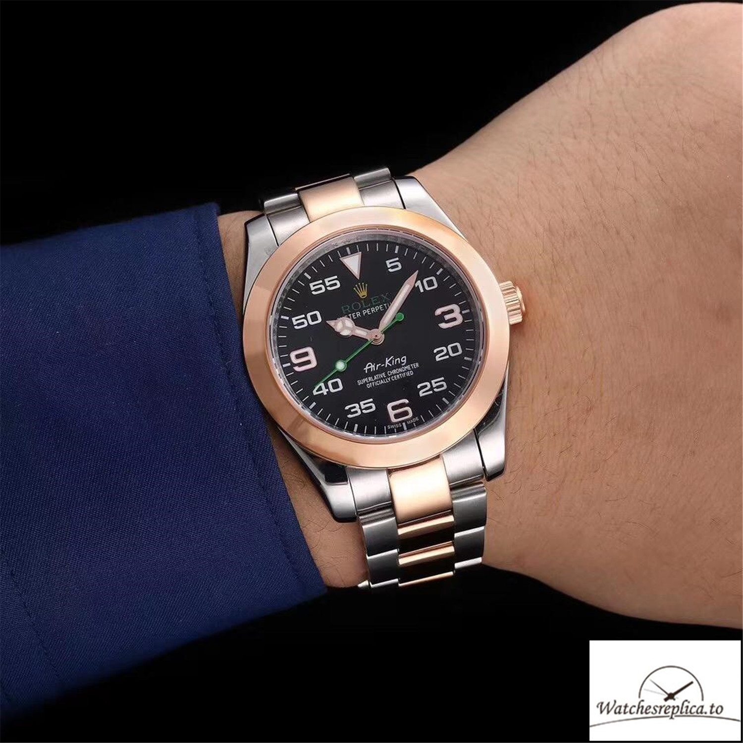 Swiss Rolex Air King Replica 116900 Rose Gold Bezel Black Dial 40MM - WatchesReplica.is