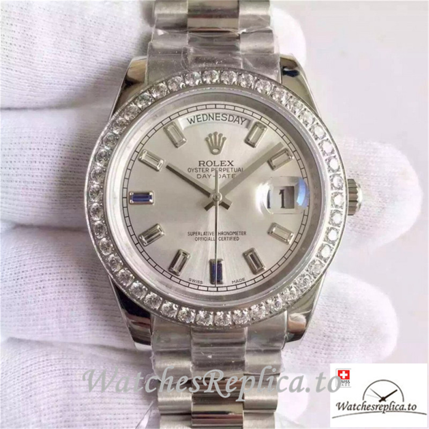 Swiss Rolex Day Date Replica 228349RBR 001 Diamond Markers Bezel 40MM - WatchesReplica.is