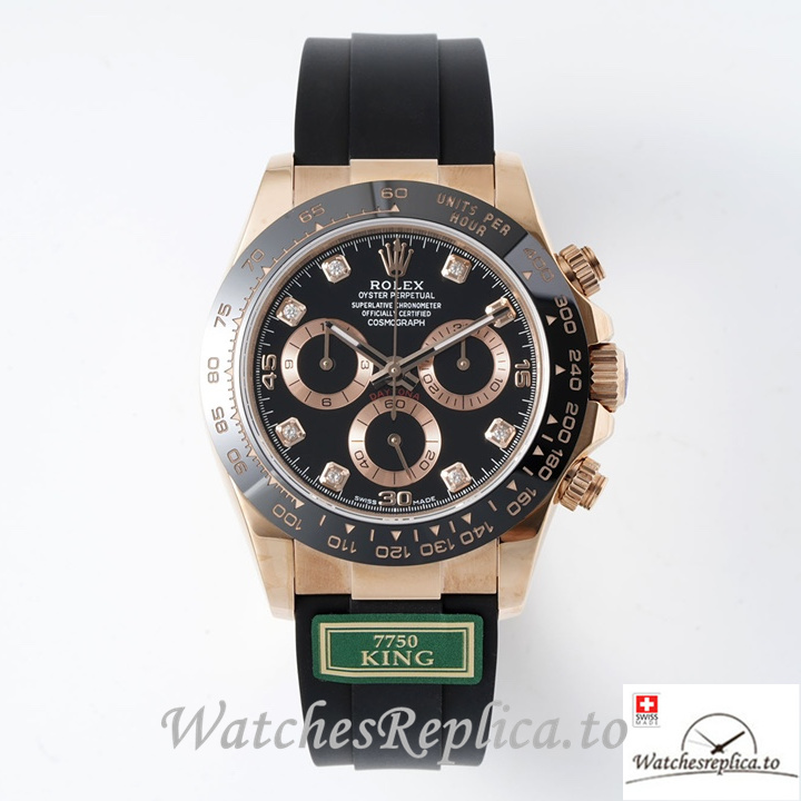 Swiss Rolex Daytona Replica Rubber strap 40MM Black Dial Diamonds Marks - WatchesReplica.is