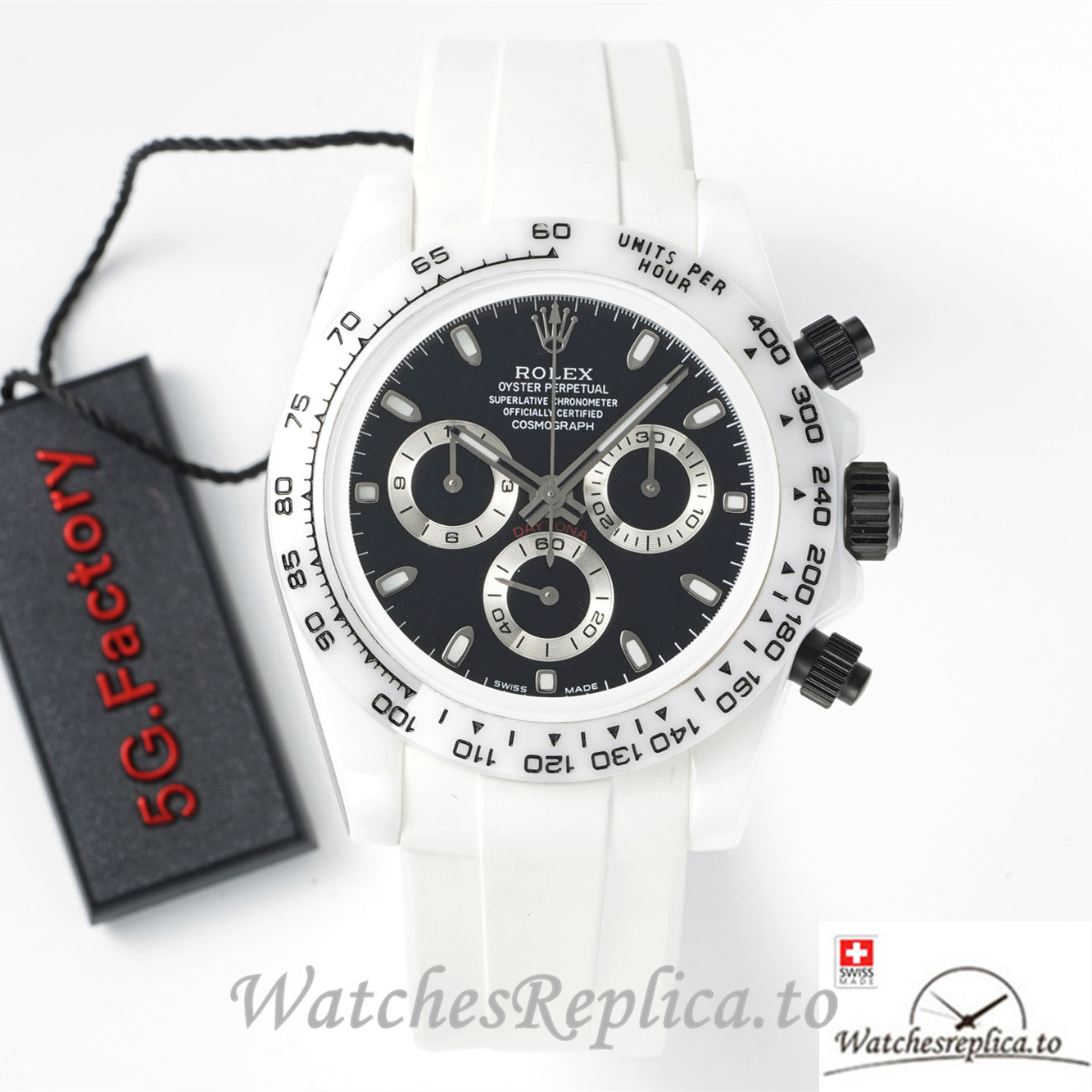 Swiss Rolex Daytona Replica White Rubber strap 40MM Black Dial - WatchesReplica.is