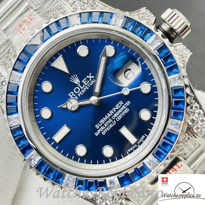 Swiss Rolex Submariner Replica Stainless steel strap 40MM Blue Dial Diamonds - WatchesReplica.is