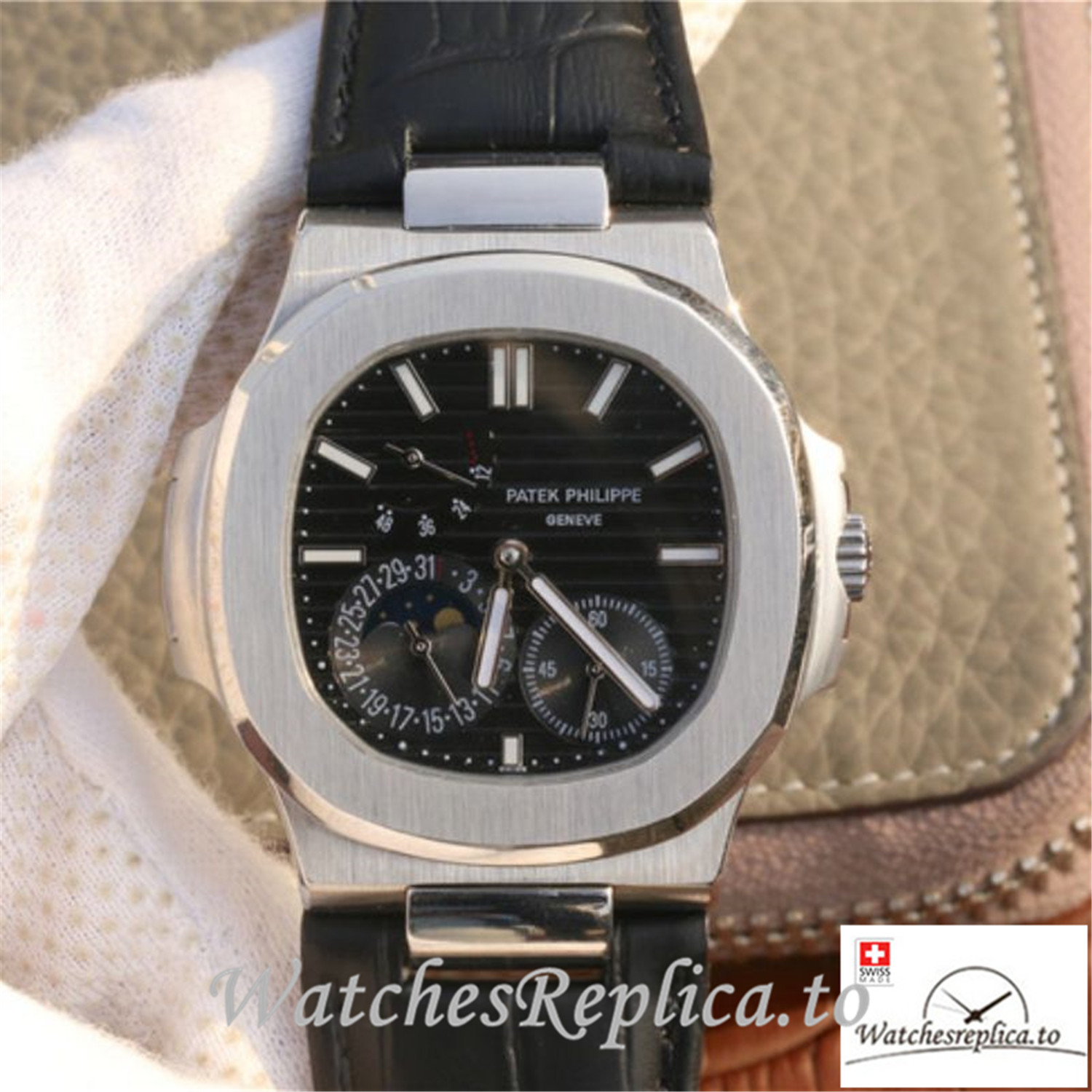 Swiss Patek Philippe Nautilus Moonphase Replica 5712G-001 Black Strap 40MM - WatchesReplica.is