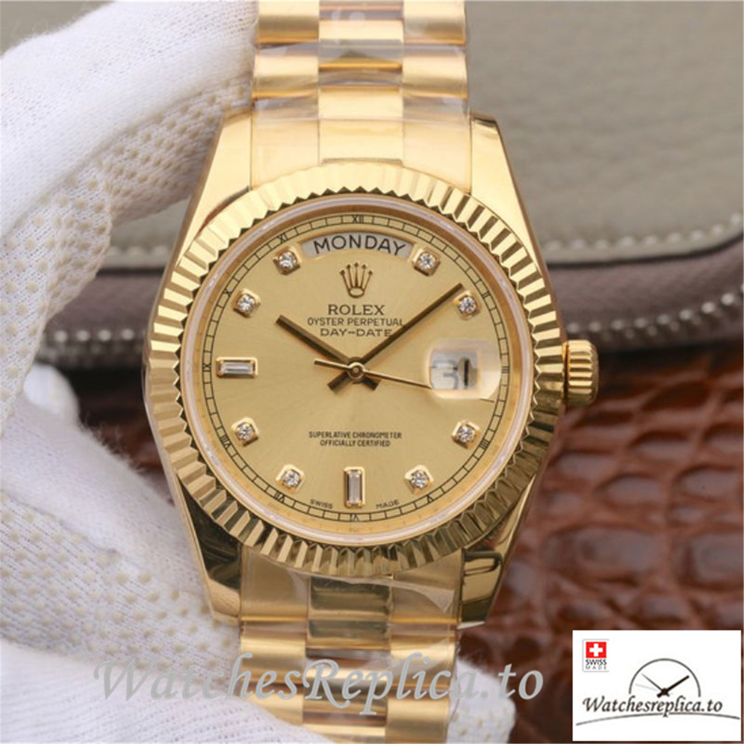 Swiss Rolex Day Date II Replica 218238 Yellow Gold Strap 40MM - WatchesReplica.is