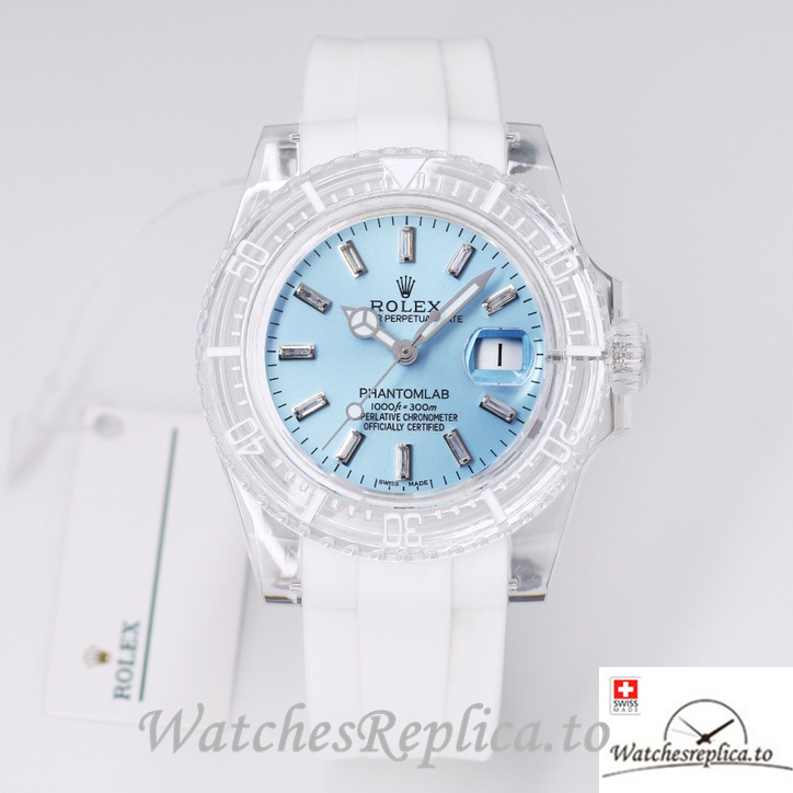 Swiss Rolex Submariner Replica Rubber strap 40MM PHANTOMLAB&ROLEX Baby blue Dial - WatchesReplica.is