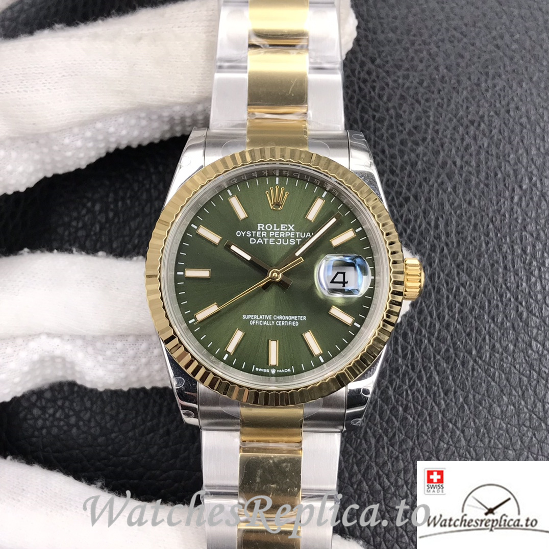 Swiss Rolex Datejust Replica Stainless steel strap 36MM Yellow Gold Green Dial Sticks Marks - WatchesReplica.is