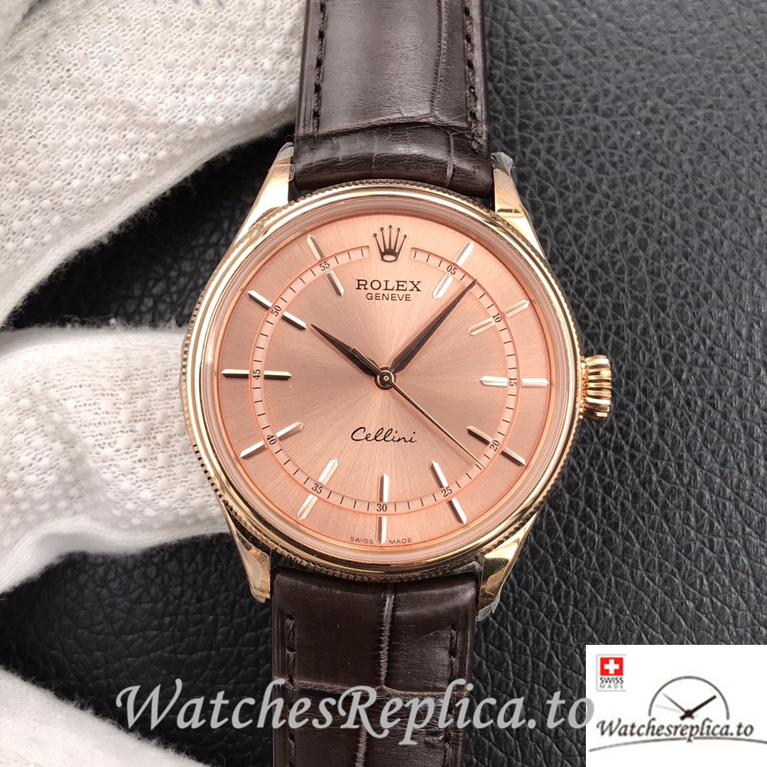 Swiss Rolex Cellini Replica Brown Leather strap 39MM Pink Dial - WatchesReplica.is