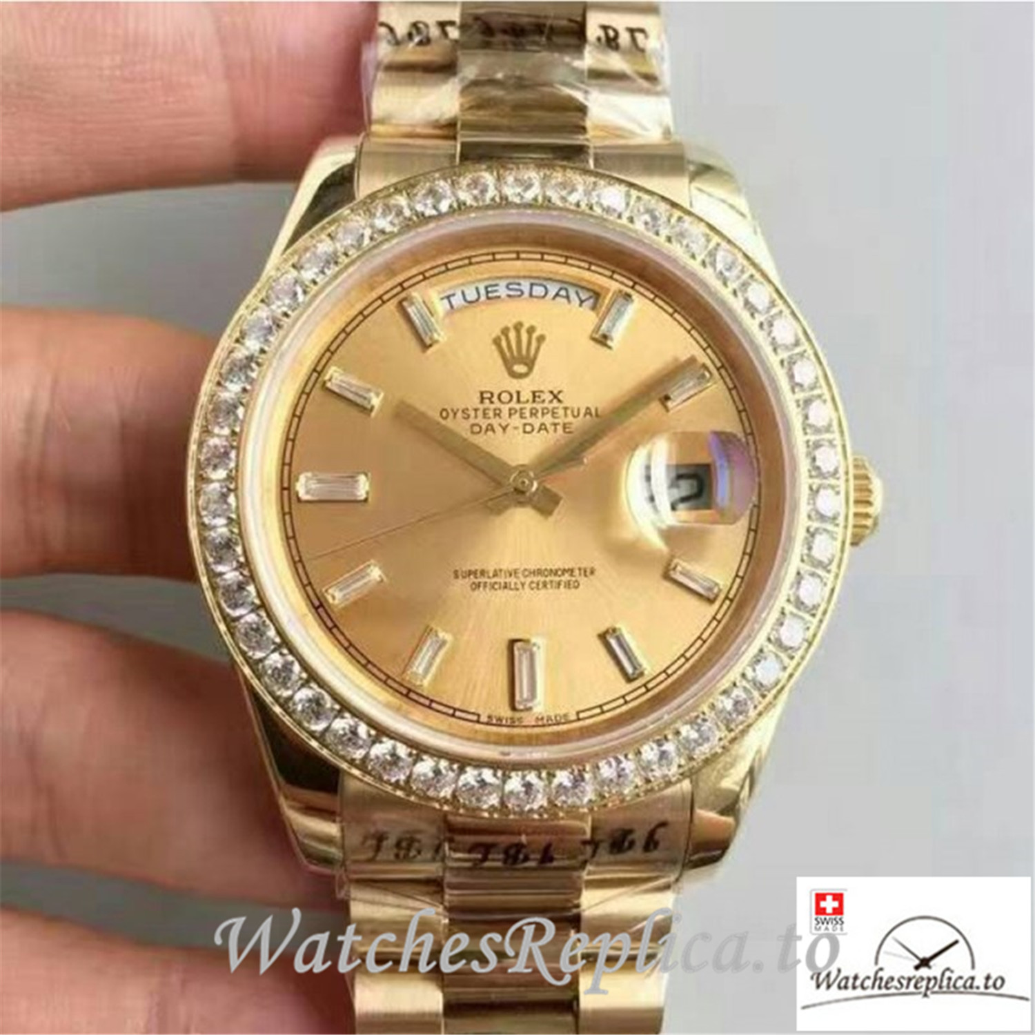 Swiss Rolex Day Date Replica 228348RBR Yellow Gold Strap 40MM - WatchesReplica.is