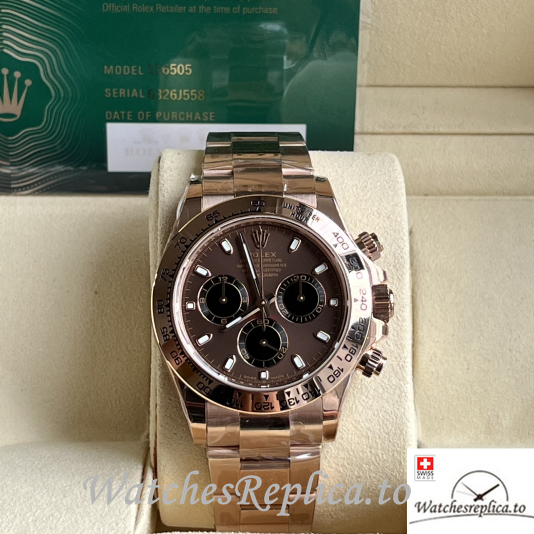 Swiss Rolex Daytona Replica Rose Gold strap 40MM Brown Dial Sticks Marks - WatchesReplica.is