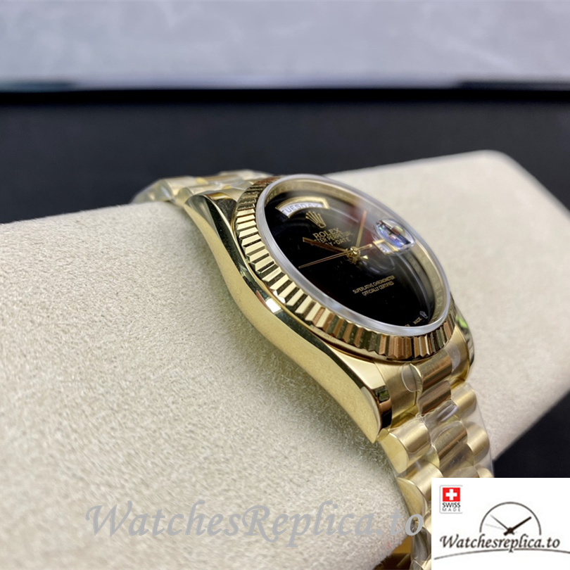 Swiss Rolex Day Date Replica Yellow Gold strap 36MM Black Dial - WatchesReplica.is