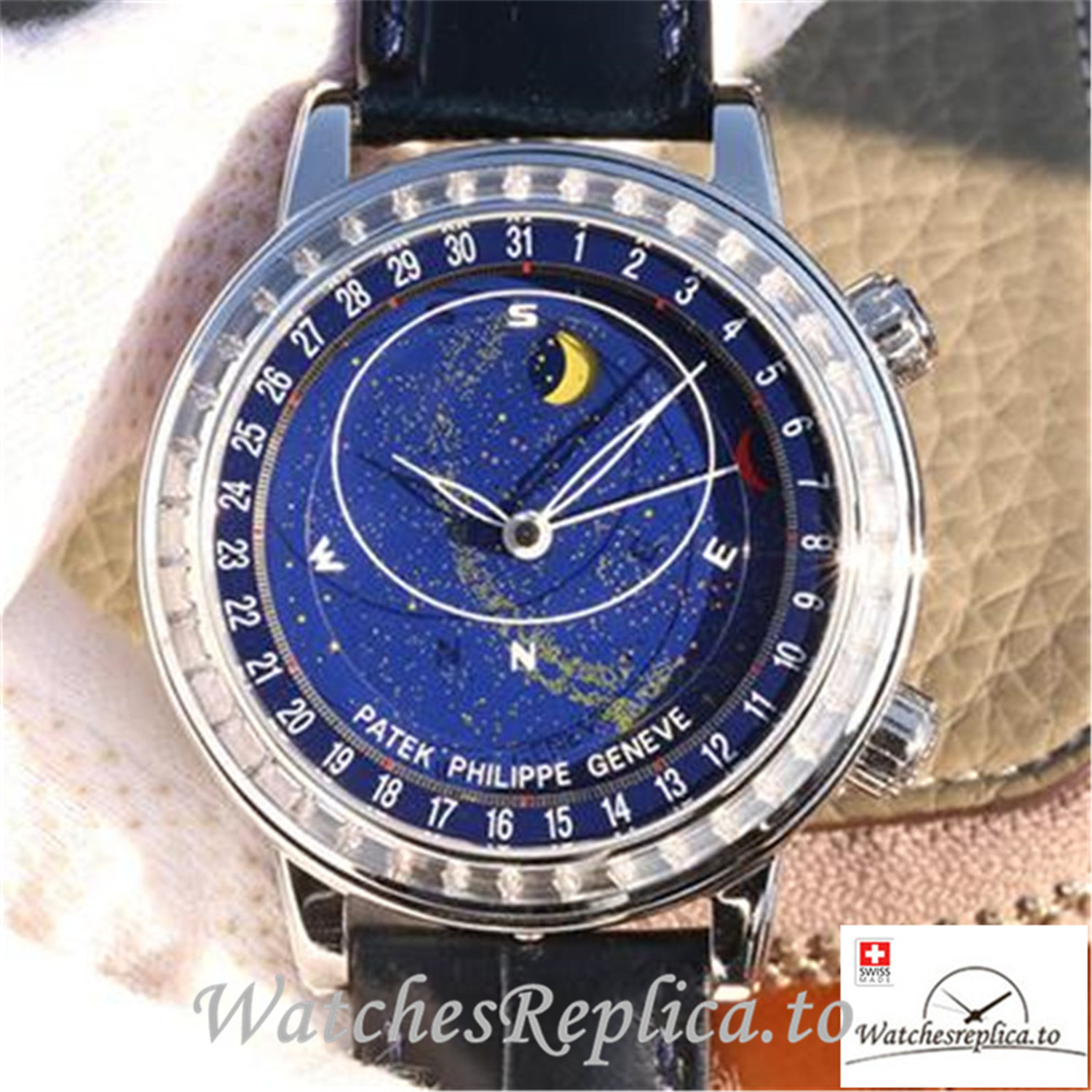 Swiss Patek Philippe Grand Complications Sky Moon Celestial Replica 6102P-001 Black Strap 43MM - WatchesReplica.is