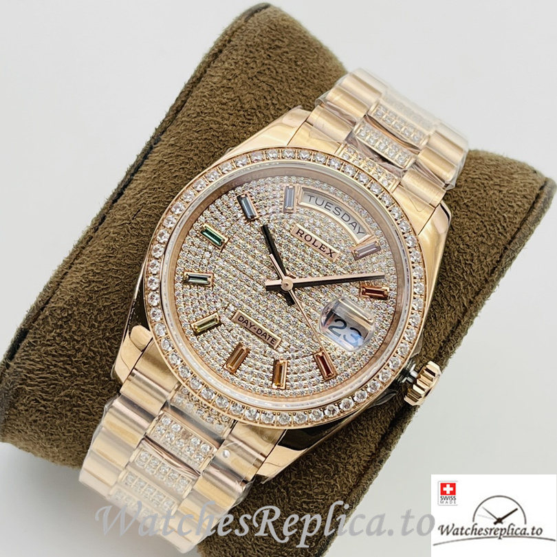 Swiss Rolex Day Date Replica Rose Gold and Diamonds strap 36MM Diamonds Dial - WatchesReplica.is