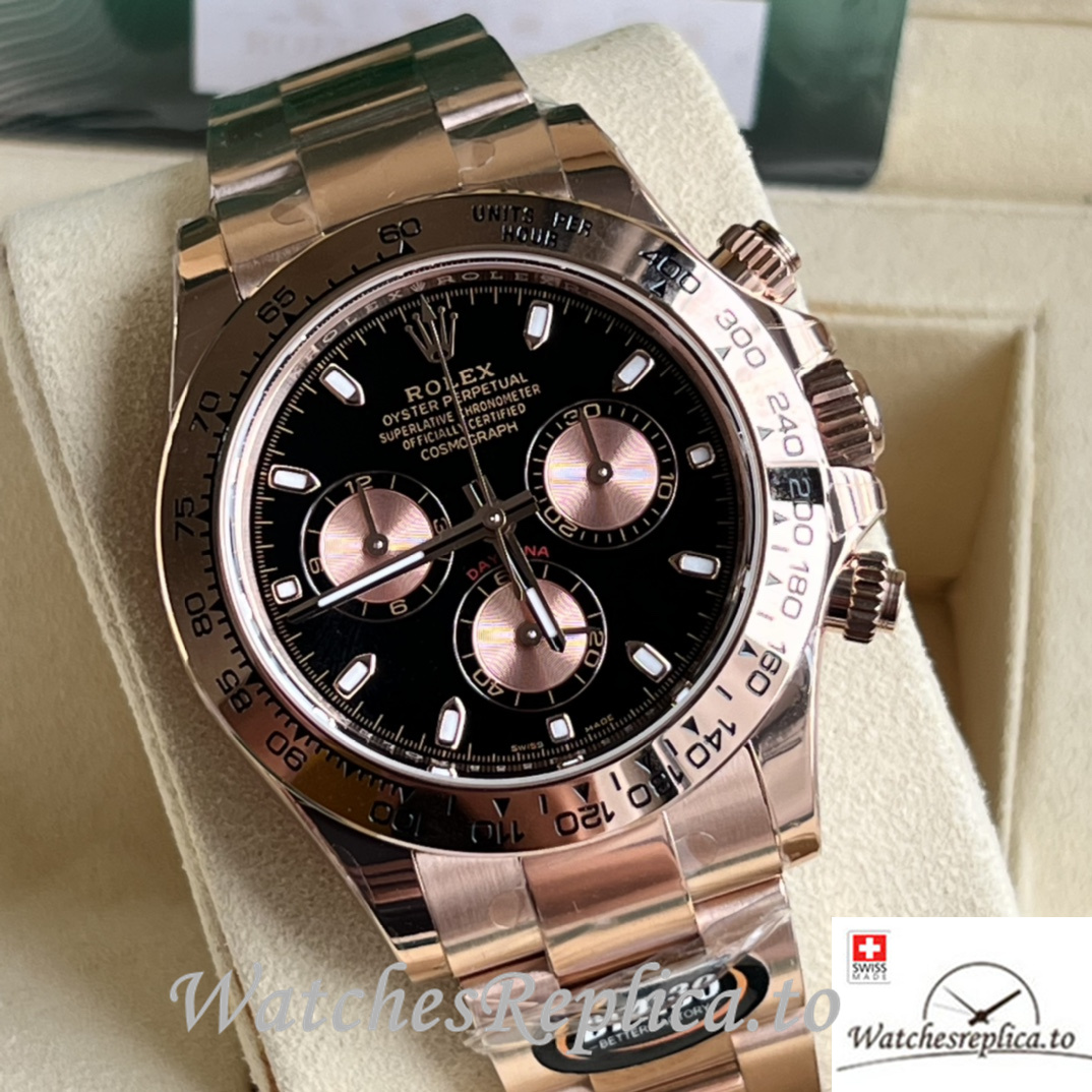 Swiss Rolex Daytona Replica Rose Gold strap 40MM Black Dial Sticks Marks - WatchesReplica.is