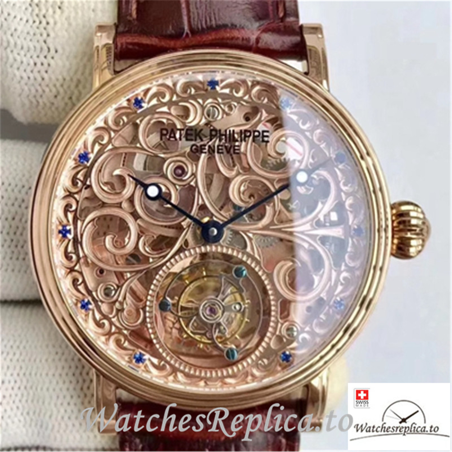 Swiss Patek Philippe Tourbillon Replica Brown Strap 42MM - WatchesReplica.is