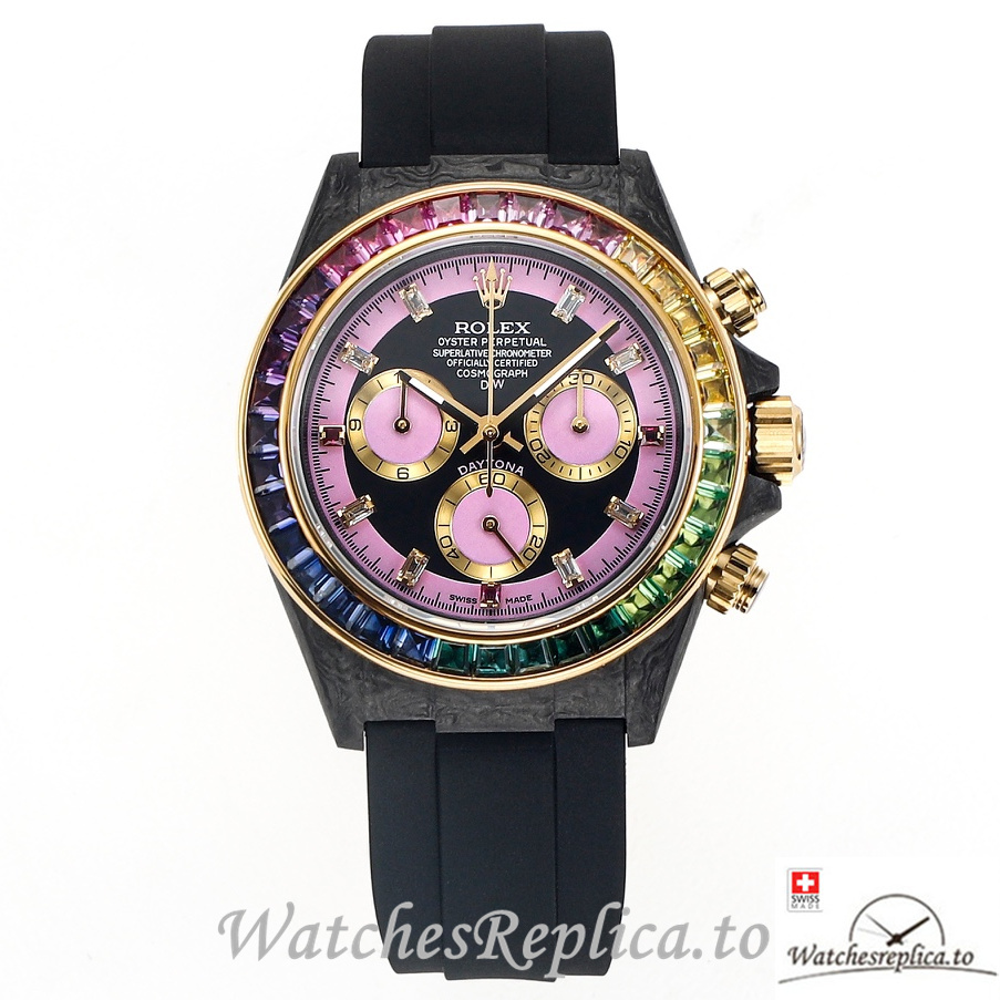 Swiss Rolex Daytona Replica Black Rubber strap 40MM Pink Dial - WatchesReplica.is