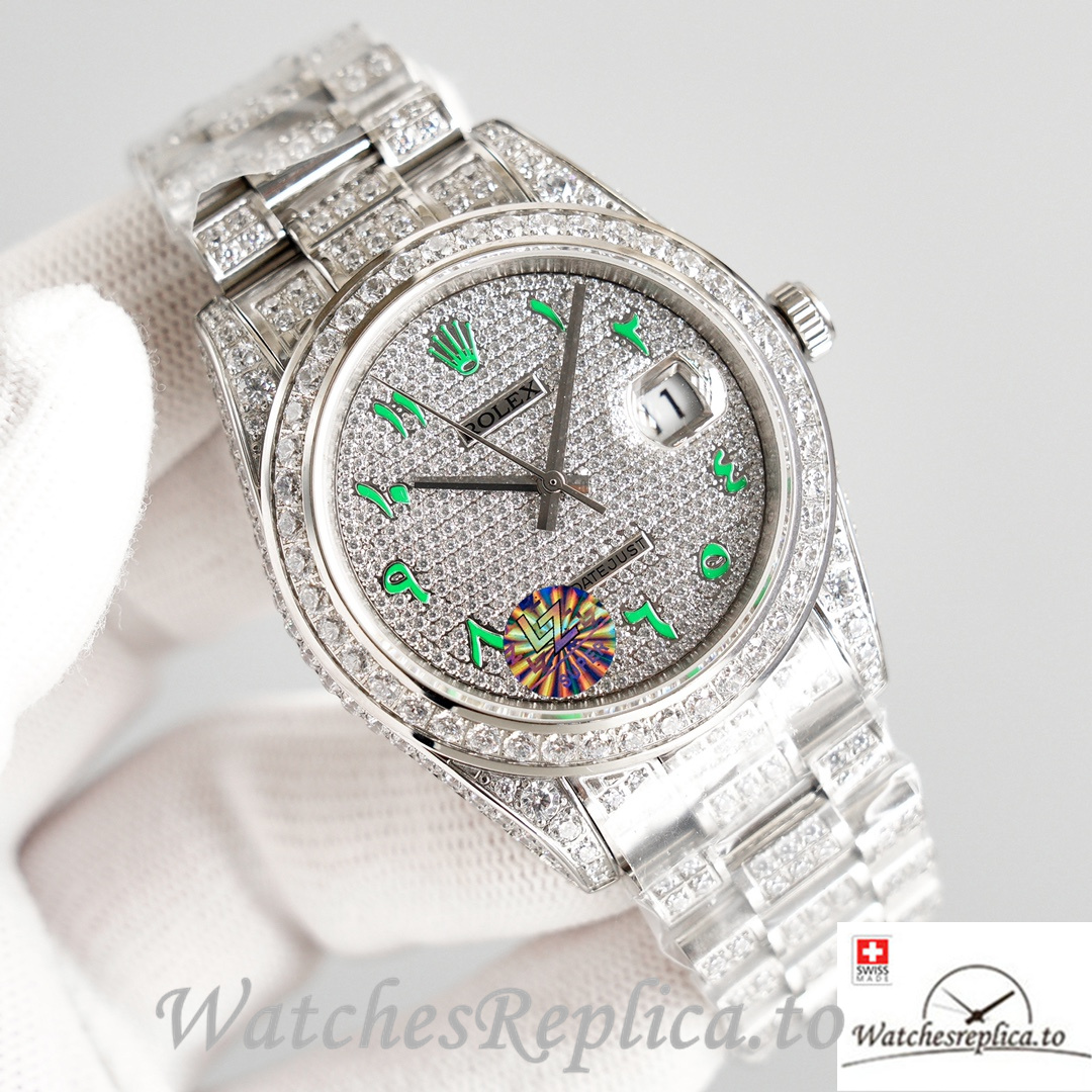 Swiss Rolex Datejust Green Roman Markers Full Diamond Dial 41MM Replica Watch - WatchesReplica.is