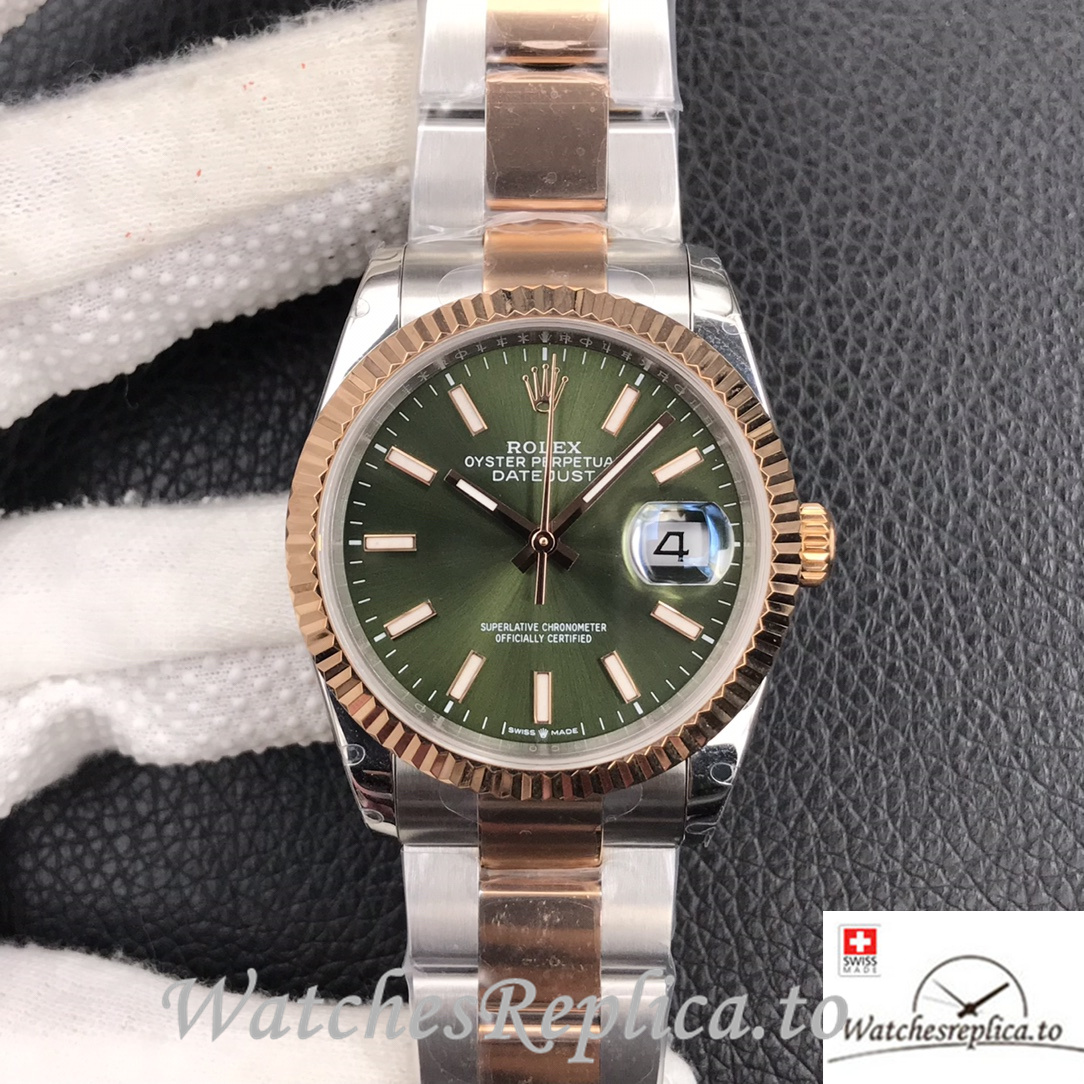 Swiss Rolex Datejust Replica Stainless steel strap 36MM Rose Gold Green Dial Sticks Marks - WatchesReplica.is