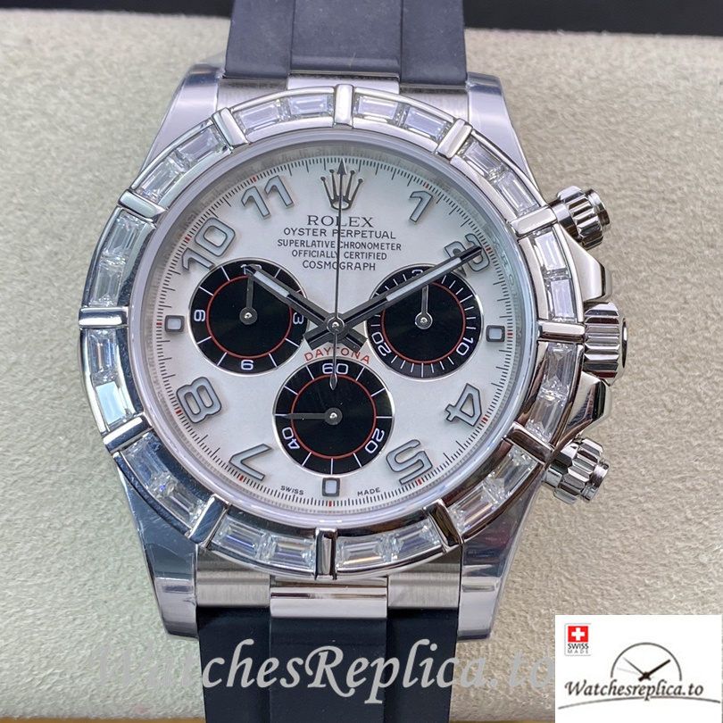 Swiss Rolex Daytona Replica Rubber strap 40MM White Dial Diamonds - WatchesReplica.is
