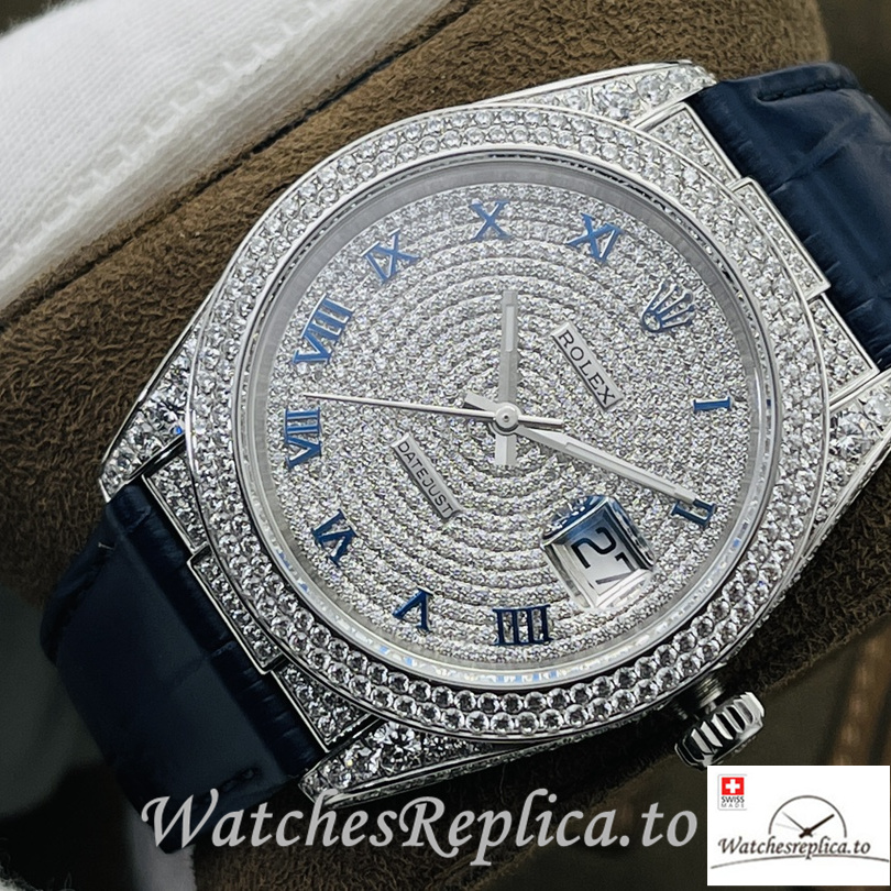 Swiss Rolex Datejust Replica Blue Leather strap 40MM Diamonds Dial - WatchesReplica.is