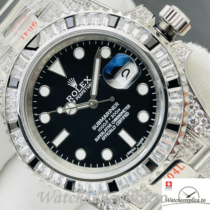 Swiss Rolex Submariner Replica Stainless steel strap 40MM Black Dial Diamonds Band - WatchesReplica.is