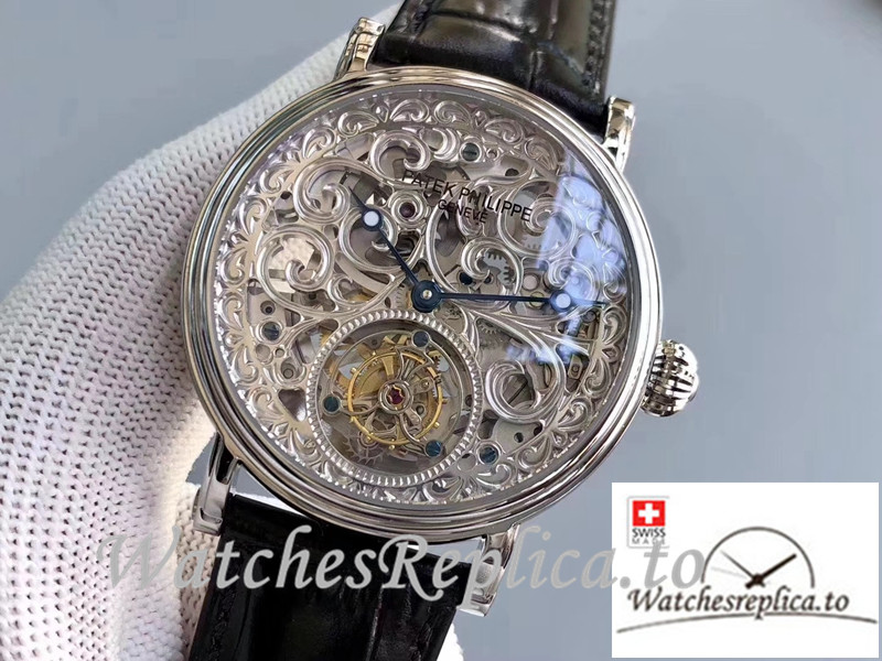 Swiss Patek Philippe Tourbillon Replica Black Strap 42MM - WatchesReplica.is