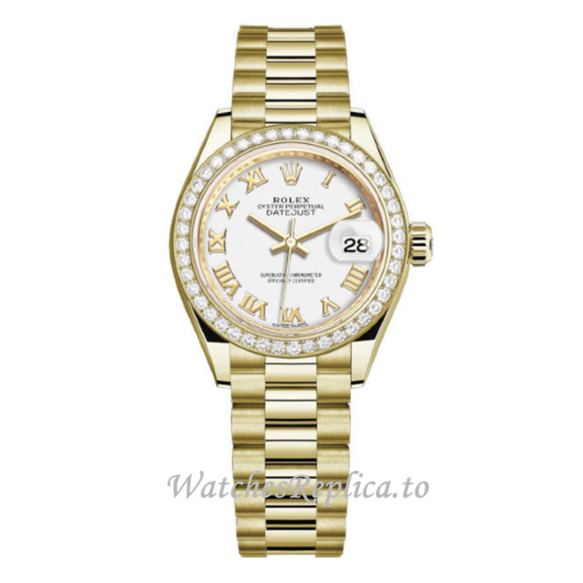 Replica Rolex Datejust m279138rbr-0031 28MM Yellow Gold strap Ladies Watch - WatchesReplica.is