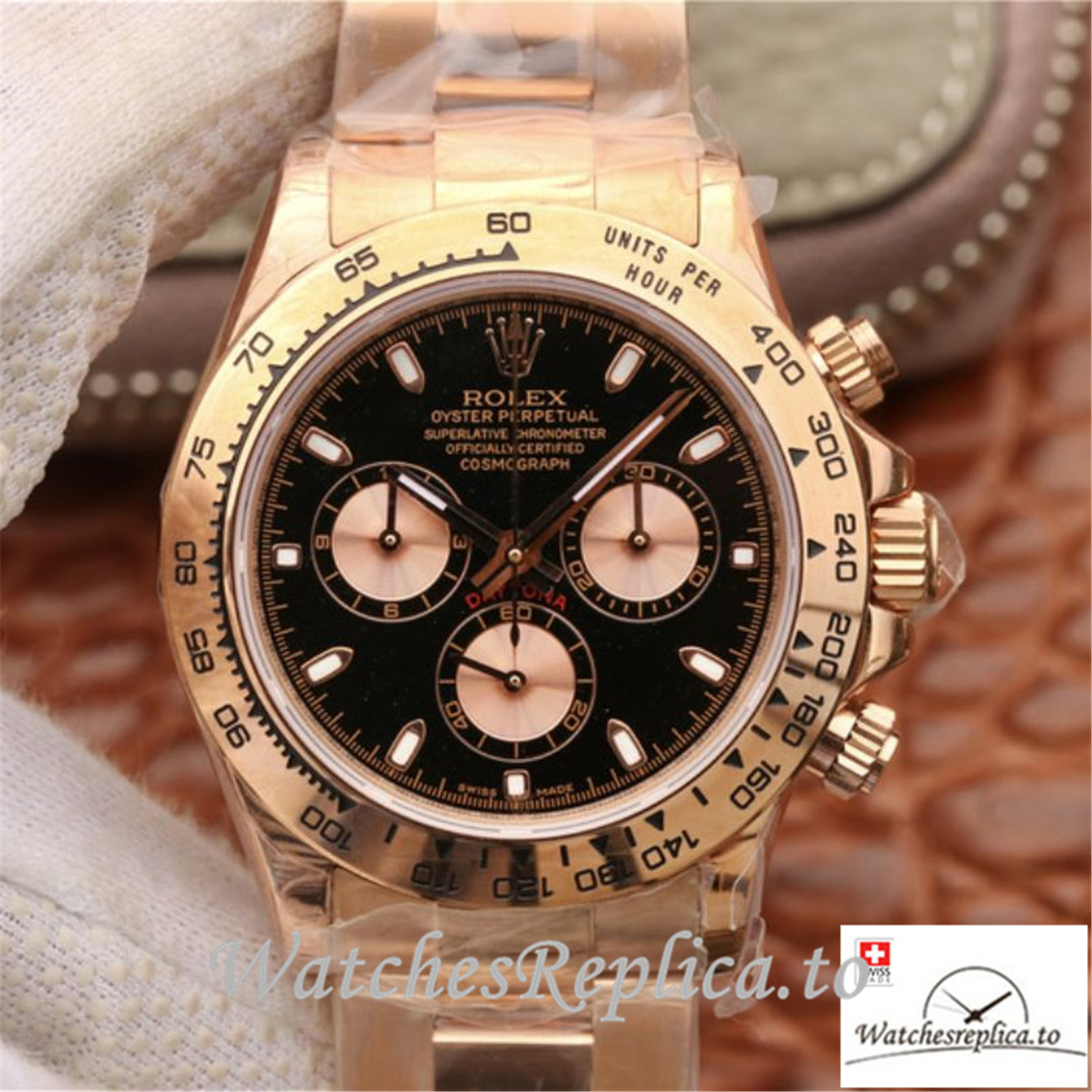 Swiss Rolex Daytona Cosmograph Replica 116508-001 Rose Gold Strap 40MM - WatchesReplica.is