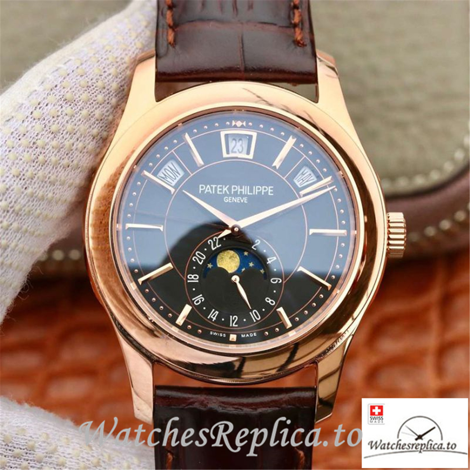 Swiss Patek Philippe Grand Complications Annual Calendar Replica 5205G-001 Brown Strap 40MM - WatchesReplica.is