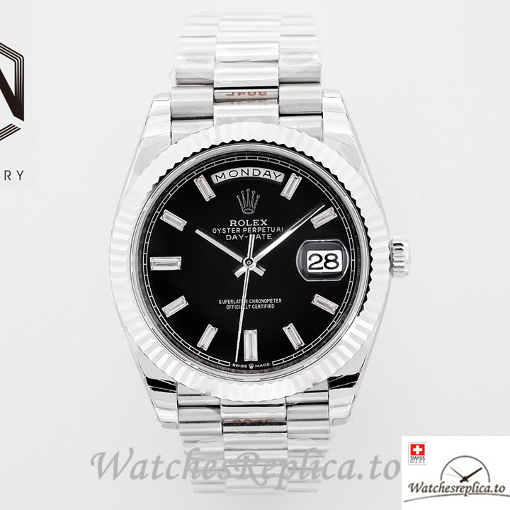 Swiss Rolex Day Date Replica Stainless steel strap 40MM Black Dial Diamonds Marks - WatchesReplica.is