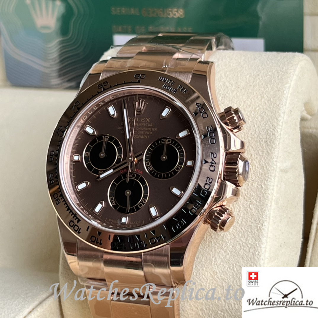 Swiss Rolex Daytona Replica Rose Gold strap 40MM Brown Dial Sticks Marks - WatchesReplica.is