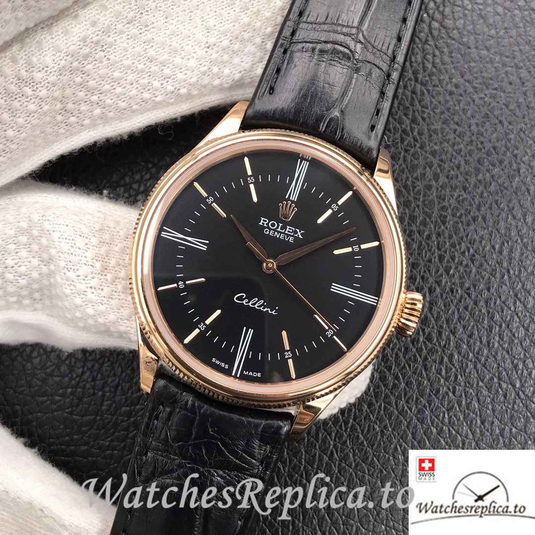 Swiss Rolex Cellini Replica Black Leather strap 39MM Rose Gold Black Dial - WatchesReplica.is