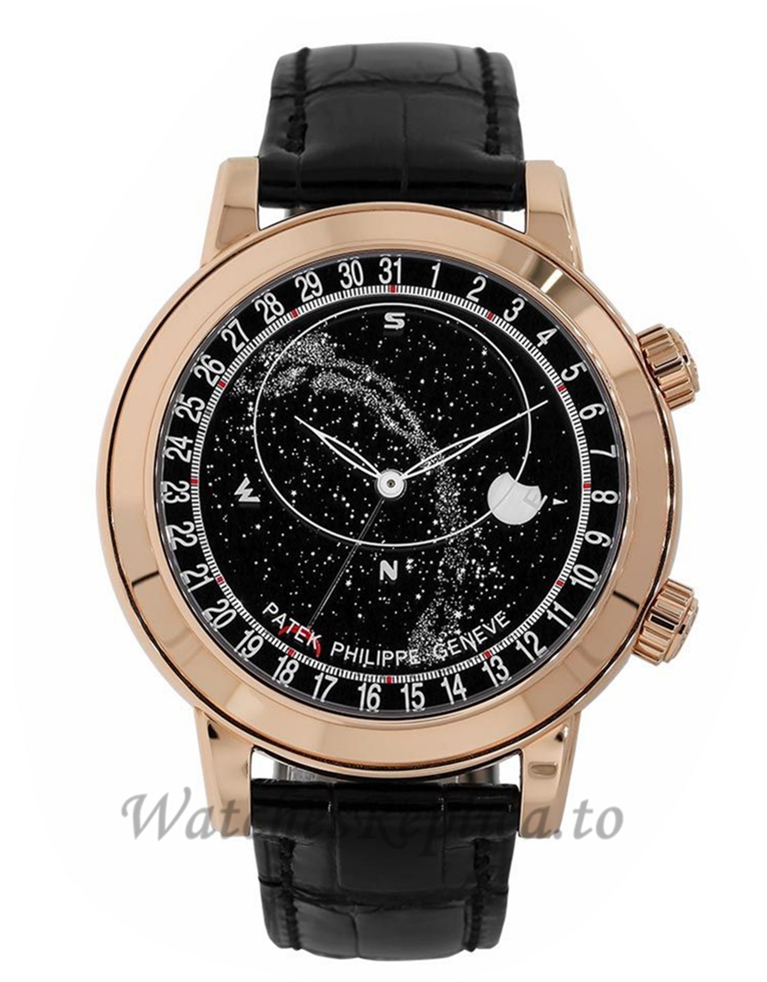 Patek Philippe Replica Grand ComplicationsRose Gold Black Celestial Moon Age 44mm Watch 6102R001 - WatchesReplica.is