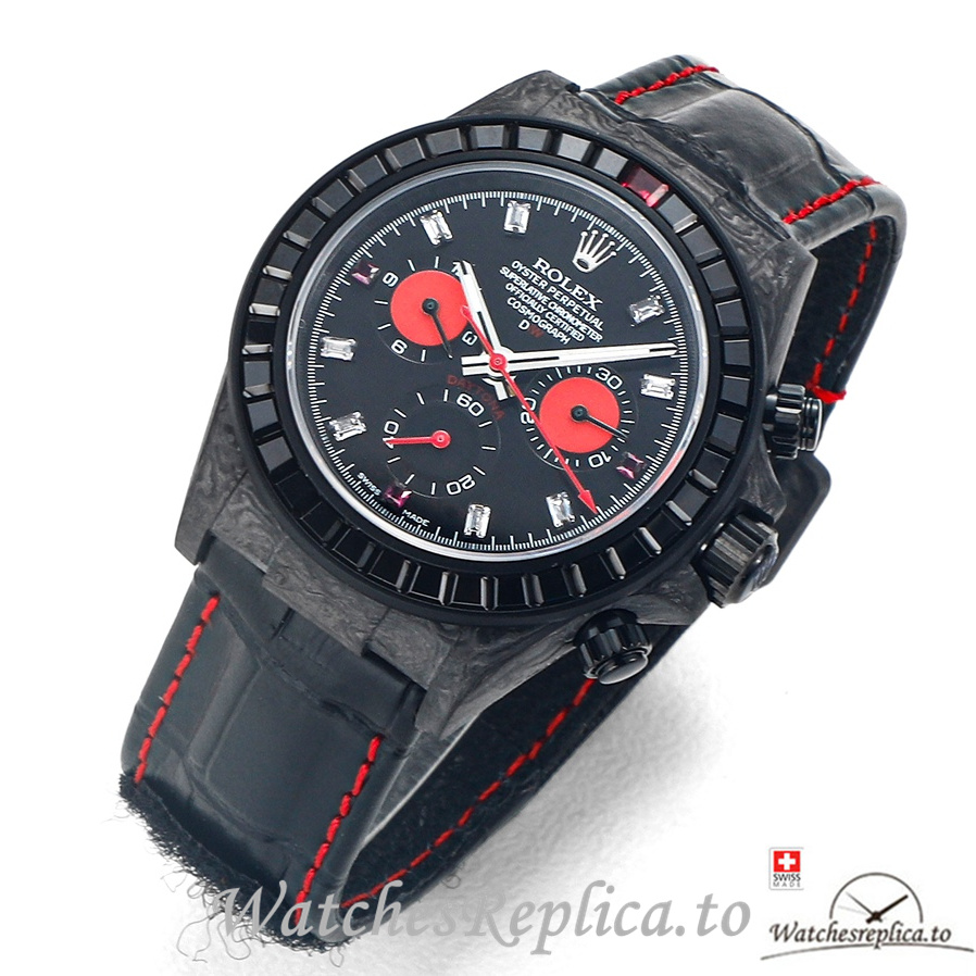 Swiss Rolex Daytona Replica Black Leather strap 40MM Black Dial - WatchesReplica.is