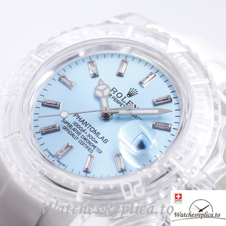 Swiss Rolex Submariner Replica Rubber strap 40MM PHANTOMLAB&ROLEX Baby blue Dial - WatchesReplica.is