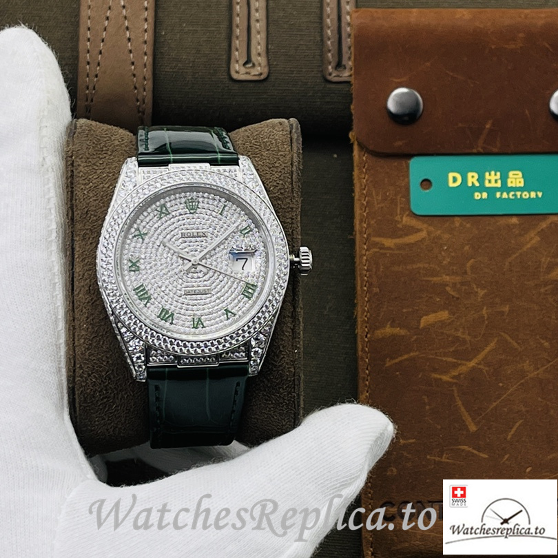 Swiss Rolex Datejust Replica Black Leather strap 40MM Diamonds Dial Green - WatchesReplica.is