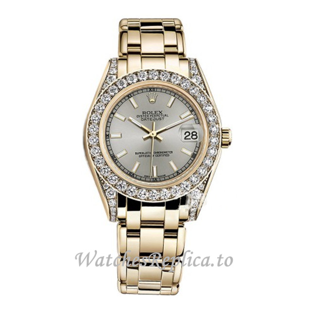 Replica Rolex Pearlmaster m81158-0044 34MM Yellow Gold strap Ladies Watch - WatchesReplica.is