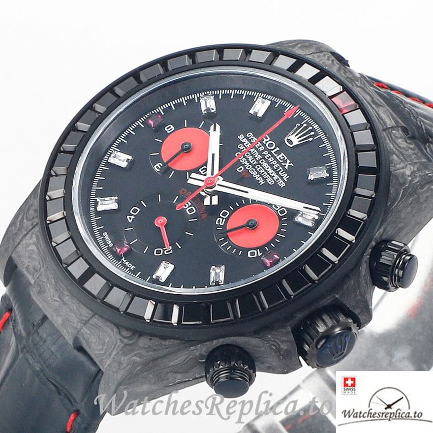 Swiss Rolex Daytona Replica Black Leather strap 40MM Black Dial - WatchesReplica.is